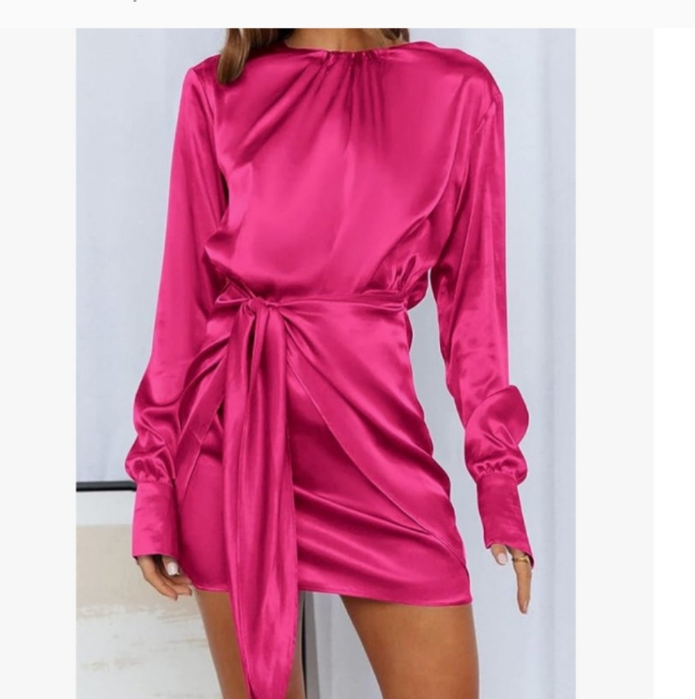 👄SEXY satin Dress Long Sleeve Tie Waist Elegant Cocktail Party Mini Dresses